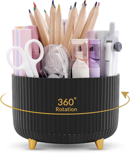 KONVINIT Pencil Pen Holder for Desk, 5 Slots 360 - Degree Rotating Desktop Organizer, Cute Desk Organizers and Accessories for School, Home, Office and Art Supply, Beige