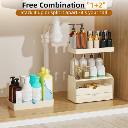 StorBin 3 Large Drawers Makeup Organizer - 5 Tier Bathroom Counter Organizers and Storage, Versatile Perfume Vanity Organizer, Ideal for Cosmetic, Large Skincare, Face Mask, Office Supplies, Amber