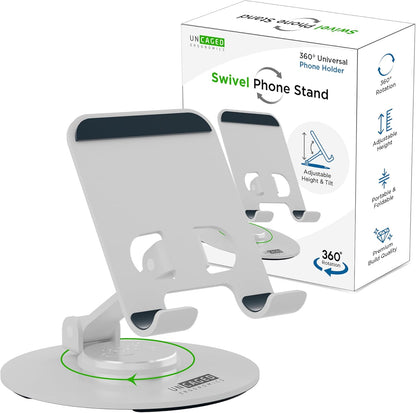Uncaged Ergonomics 360° Swivel Rotating Adjustable Phone Stand for Desk, Portable & Foldable Cell Phone Stand for Desk, Compact Mobile Stand for Tabletop, Office, Kitchen & Bedroom (Black)