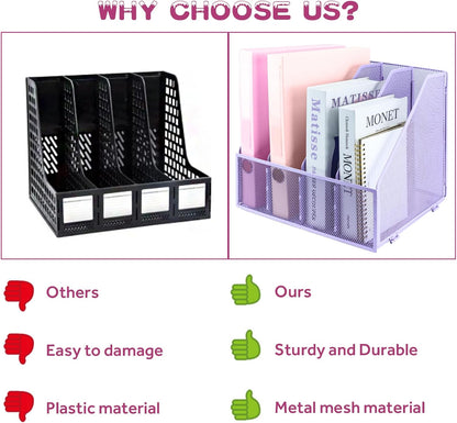 Desk Organizers, Metal Magazine File Holder with 5 Vertical Compartments Rack Binder File Organizer for Office Supplies, Home Workspace - Black