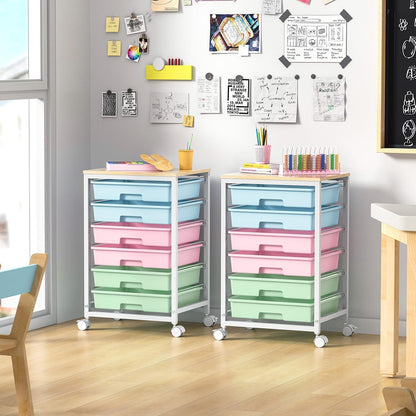 SYKIARIOL Rolling Storage Utility Cart with 6 Drawers and Wooden Tabletop for Under Desk Storage,White