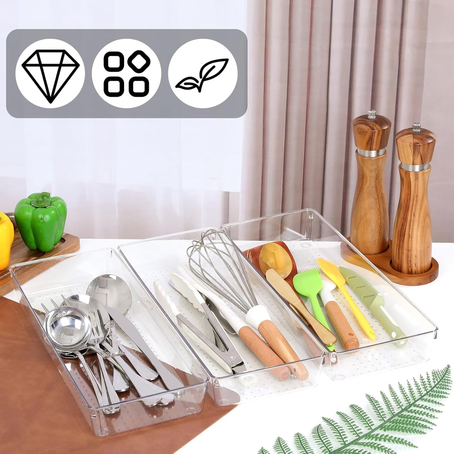 6 Pack Clear Drawer Organizer Trays 15 x 6 x 2 Inch Large Size Clear Plastic Desk Drawer Storage Bins Container Desk Drawers Divider Storage Bins for Utensils Junks Vanities Makeups Jewelry