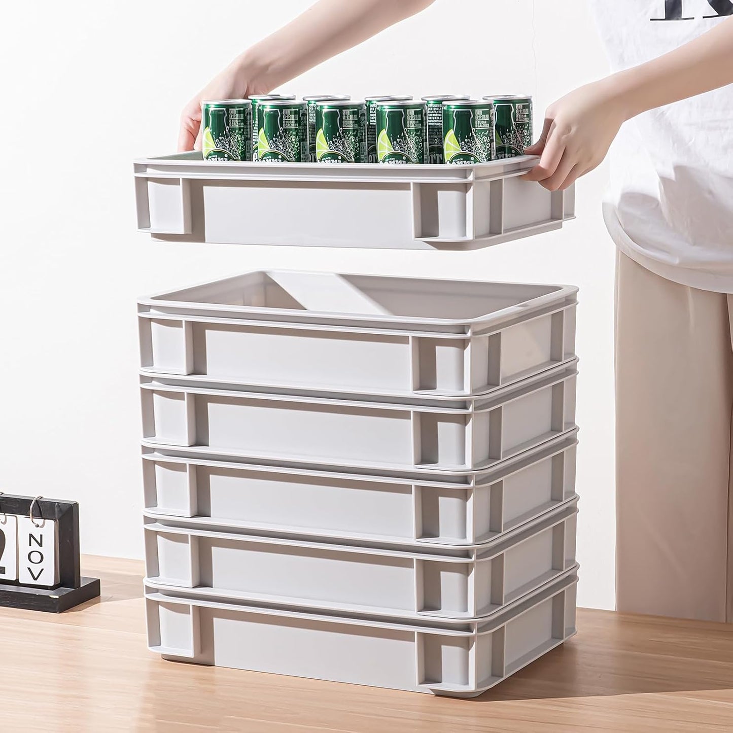 Stackable Organizer Boxes - Create Your Perfect Modular Desktop Storage System Office Desk Organizer Set15.8''*11''*3.26'' (Beige, 6Large)