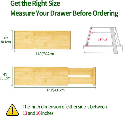 VaeFae Adjustable Bamboo Drawer Dividers, Expandable Drawer Organizer for Kitchen, Bedroom, Bathroom, Dresser and Office, 6-Pack