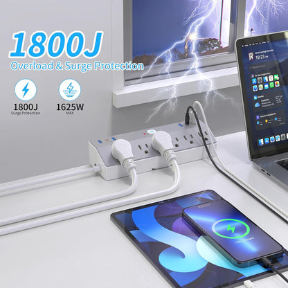 Desk Clamp Power Strip with 40W Fast Charging Station, JXGUCAT 10FT Flat Plug Desk Mount Power Strip Surge Protector, Removable Extension Cord with 2 USB-C Ports 6 Outlets, Fits 1.8" Tabletop Edge