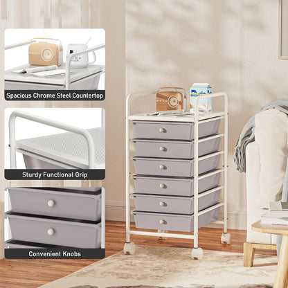 4-Tier Utility Cart with 4 Drawers, Rolling Utility Cart with 2 Lockable Caster Wheels, Multipurpose Mobile Rolling Drawer Cart for Office Bathroom Kitchen, Ivory White