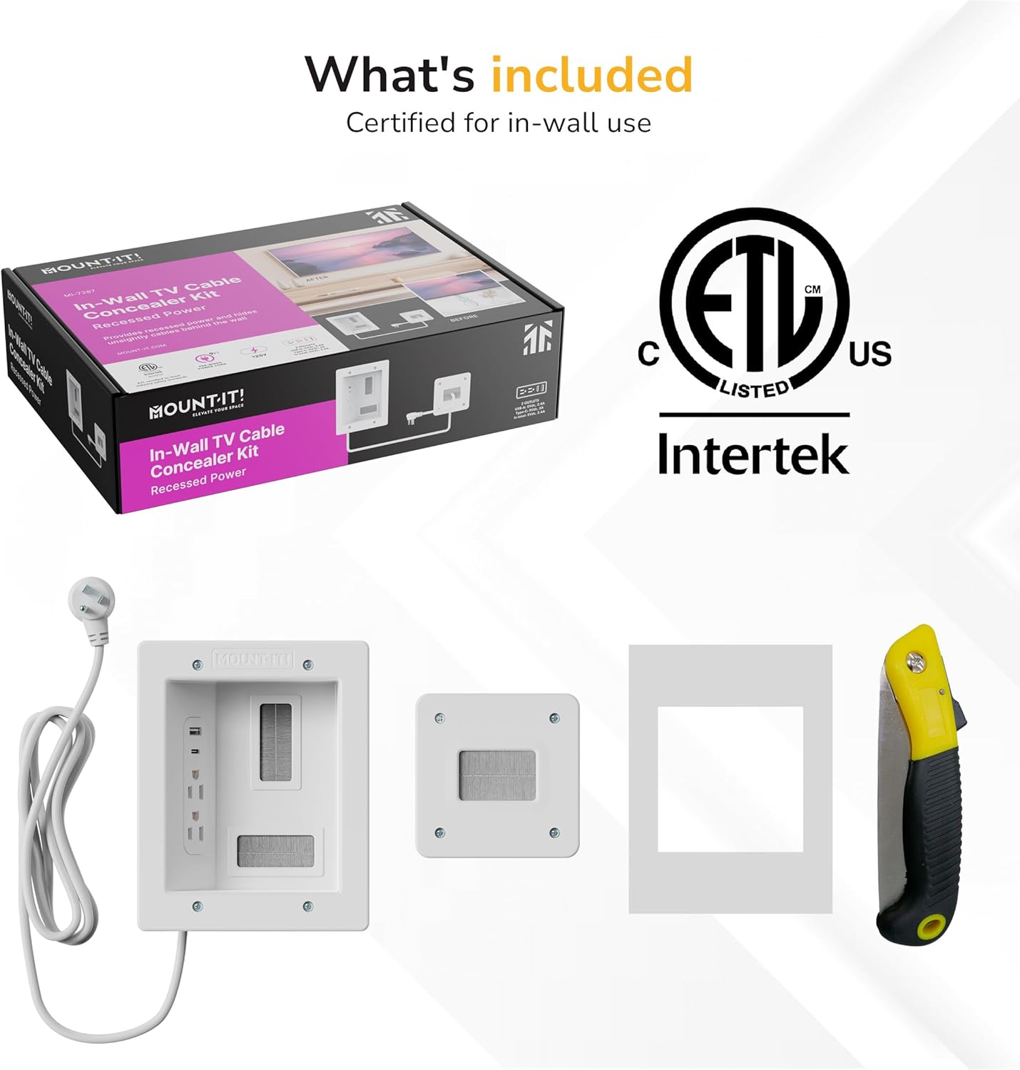 Mount-It! in-Wall TV Cable Concealer Kit with Recessed Power – Triple Outlet, 9ft Cord, and Hand Saw – Easy, Safe Cable Management for Organized TV and Home Theater Setups