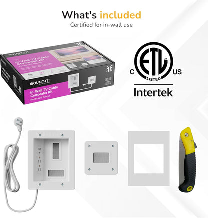 Mount-It! in-Wall TV Cable Concealer Kit with Recessed Power – Triple Outlet, 9ft Cord, and Hand Saw – Easy, Safe Cable Management for Organized TV and Home Theater Setups