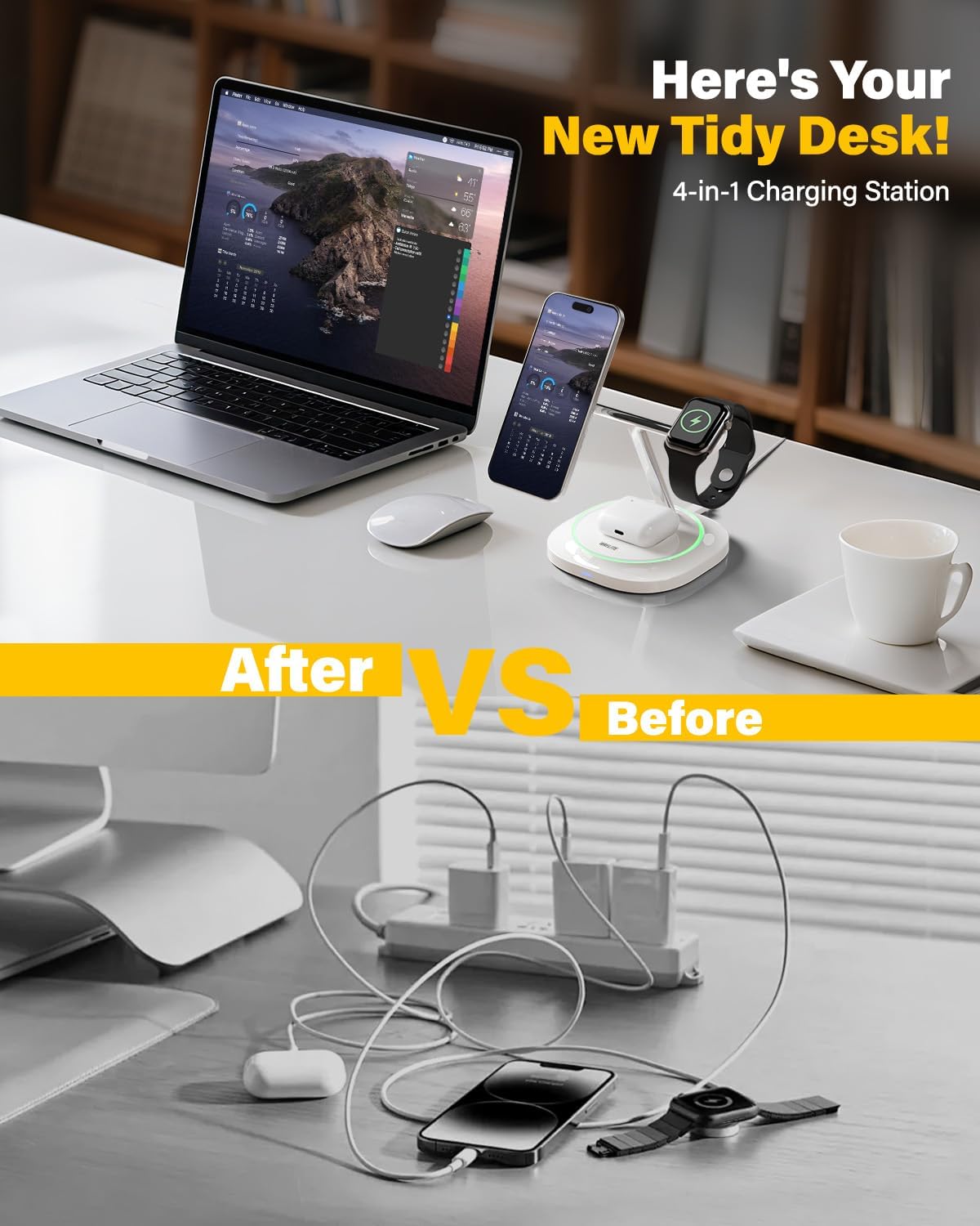 3 in 1 Magnetic Wireless Charger for Apple - Fast Charging Station Compatible with MagSafe for iPhone17-12, Apple Watch& AirPods, Phone and Watch Charger Stand for Desktop Bedside Nightstand (White)