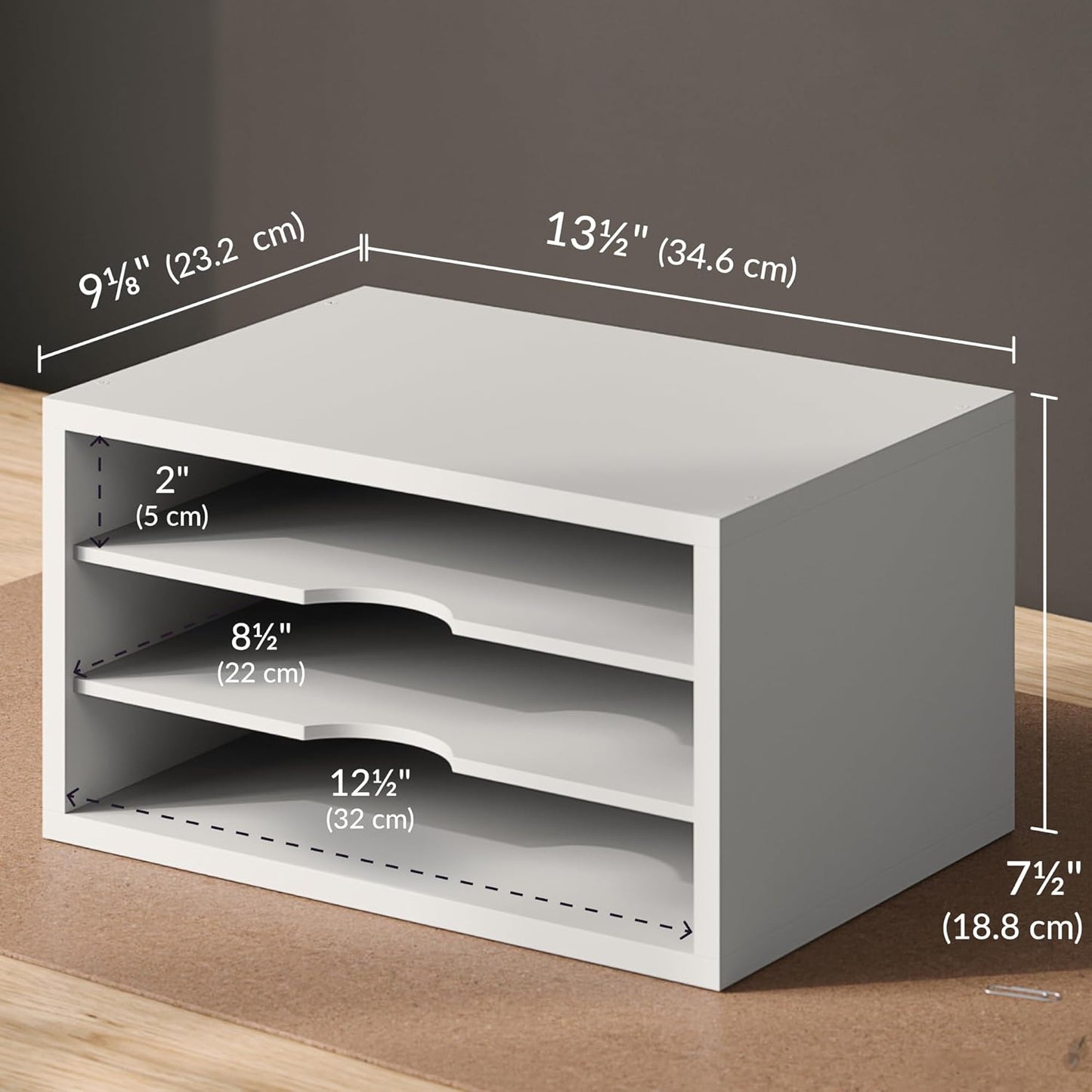 Ballucci File Organizer, 2-Tier Document Paper Sorter, Stackable Wood Desk Organizer Mail Holder, Monitor Stand with Storage Shelves, White