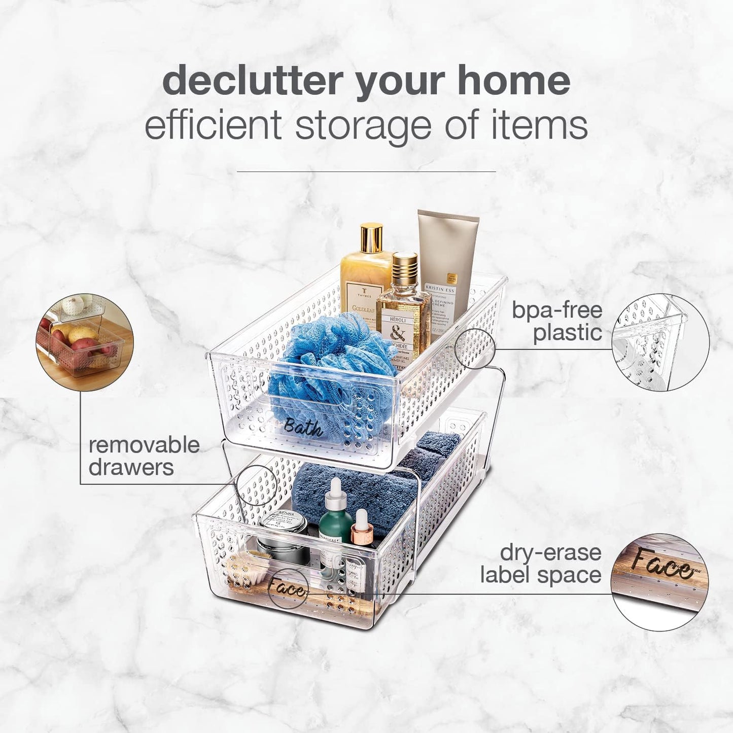 madesmart Two-Tier Bathroom Cabinet Organizer, Sliding Drawer Storage for Bottles, Sponges & Cleaning Supplies, Blue