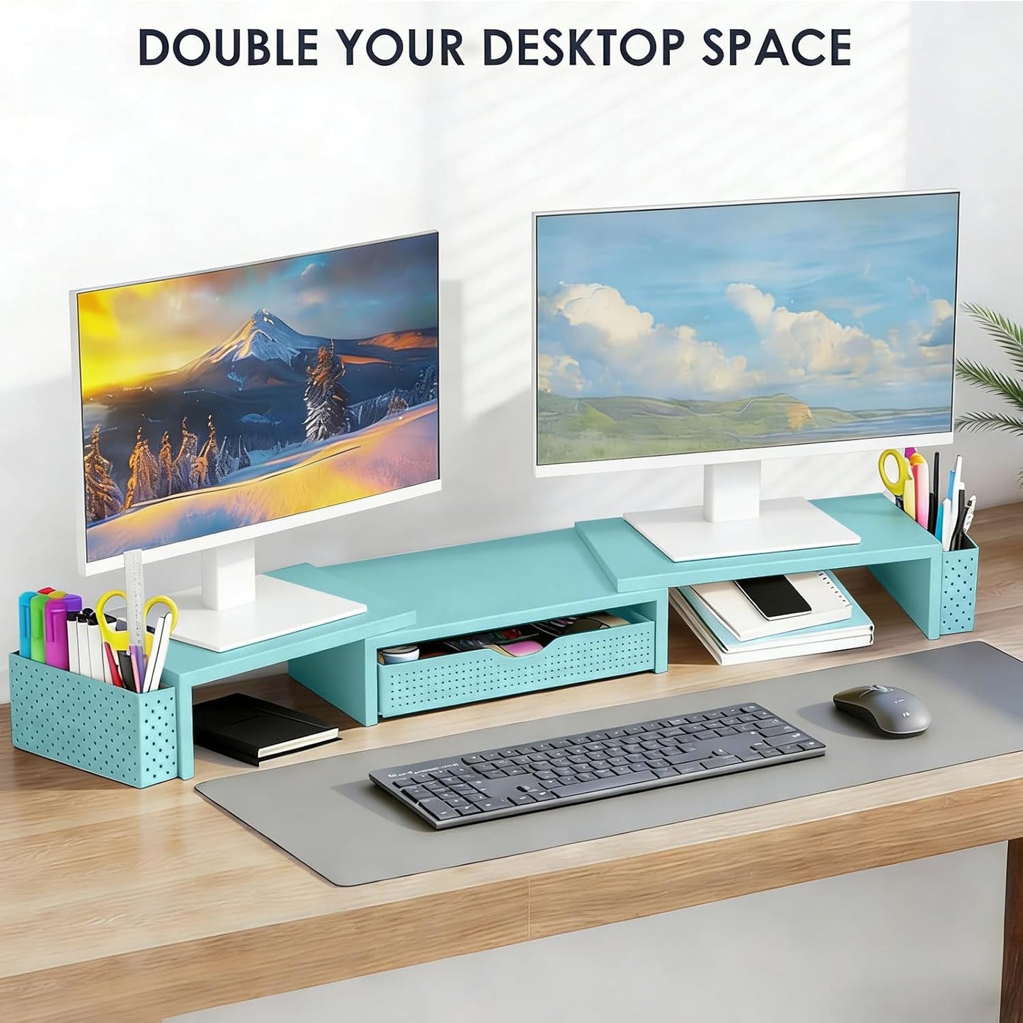 Spacrea Metal Desk Organizers and Accessories, Dual Monitor Stand Riser with Drawer and 2 Pen Holders, Book Racks, Desk Accessories & Workspace Desktop Organizers for Office Supplies (Black)