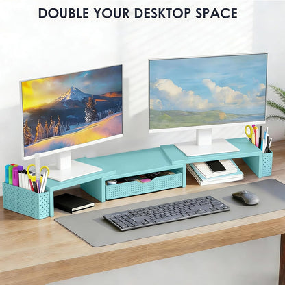 Spacrea Metal Desk Organizers and Accessories, Dual Monitor Stand Riser with Drawer and 2 Pen Holders, Book Racks, Desk Accessories & Workspace Desktop Organizers for Office Supplies (Black)
