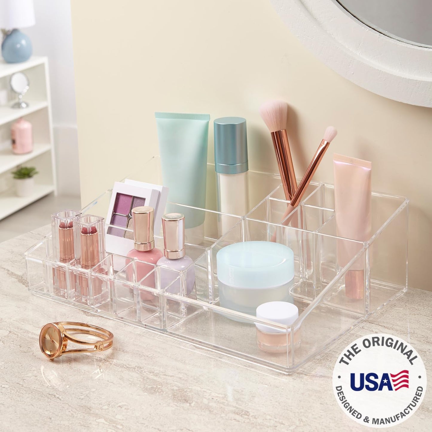 STORi Audrey Stackable Clear Bin Plastic Organizer Drawer | Organize Eyeshadow Palettes, Cosmetics, and Beauty Supplies on a Vanity | Made in USA