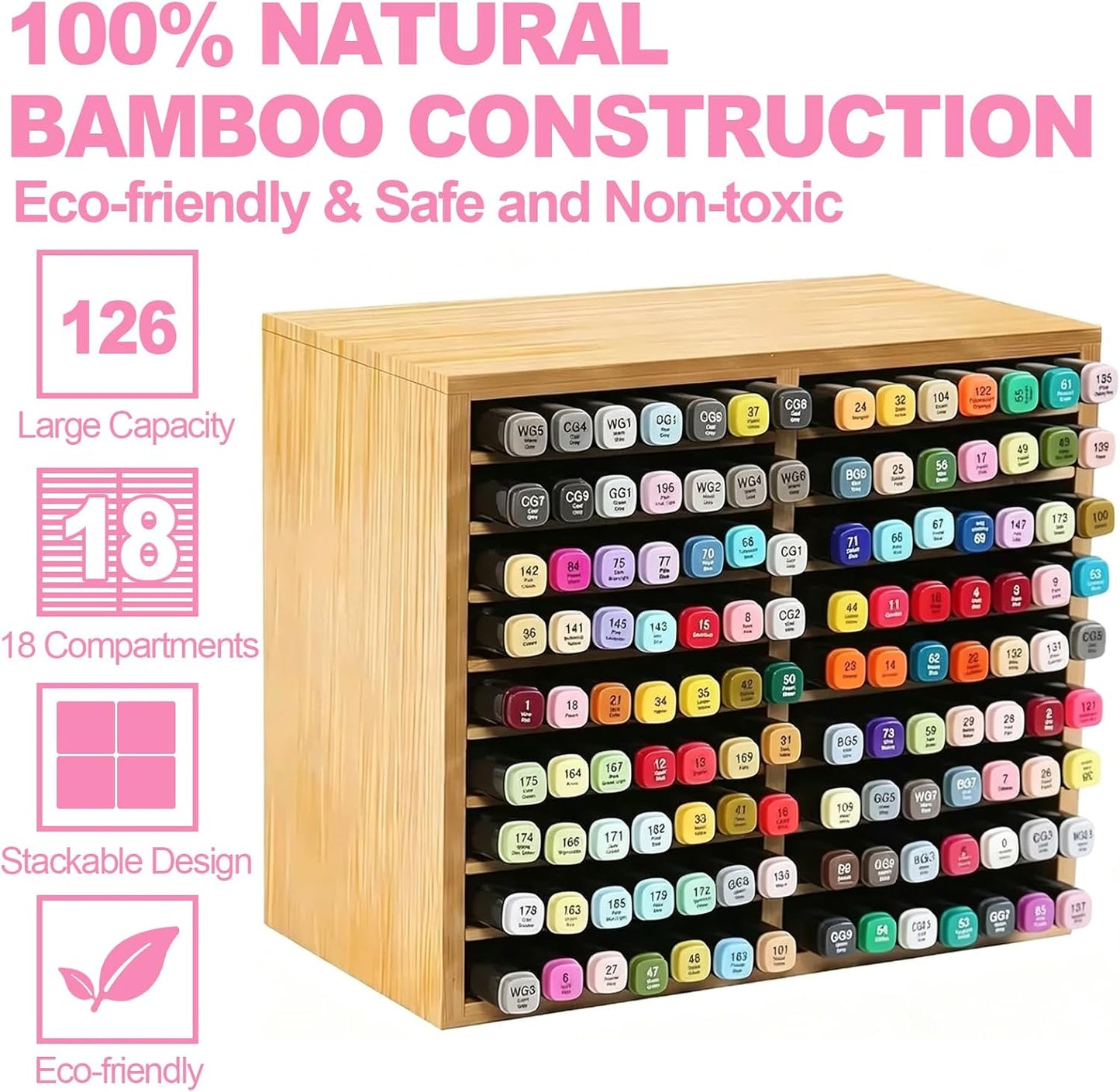 126 Bamboo Marker Organizer, Desktop Storage Hold 126 Markers, 18 Compartments Marker Storage for Home, Classroom, Office, Pen Pencil Holder Desk Art Supply Organizer