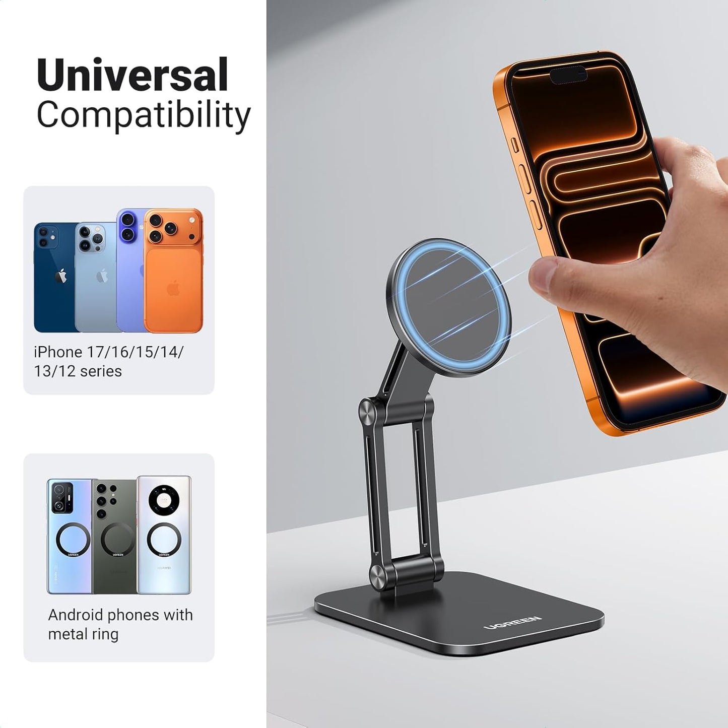 UGREEN Magnetic Phone Stand Compatible with MagSafe Holder for Desk Ergonomic Design Adjustable, Aluminum Cell Phone Stand Compatible for iPhone 17 Air 16 15 14 13 12 Pro Max and MagSafe Case, Grey