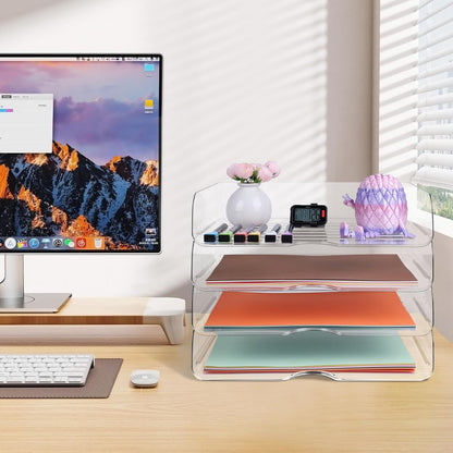 4 Pack Stackable Letter Tray for Desk, Clear File Organizer for Files, iPad, Letters, A4 Office Files, Books, Notes, Vertical