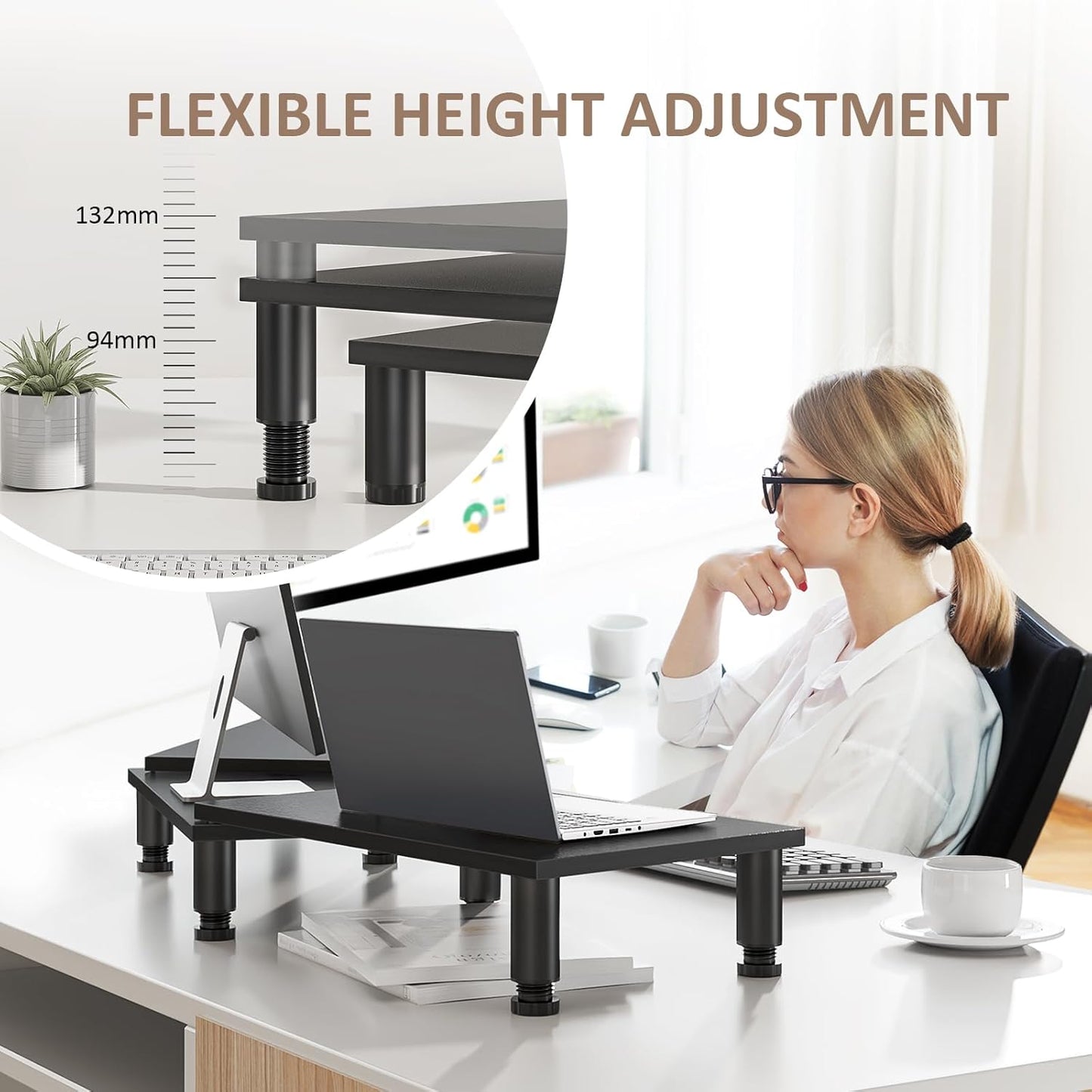 AX Waber Dual Monitor Riser - Adjustable Length & Angle, Wooden Stand for 2 Monitors with Storage