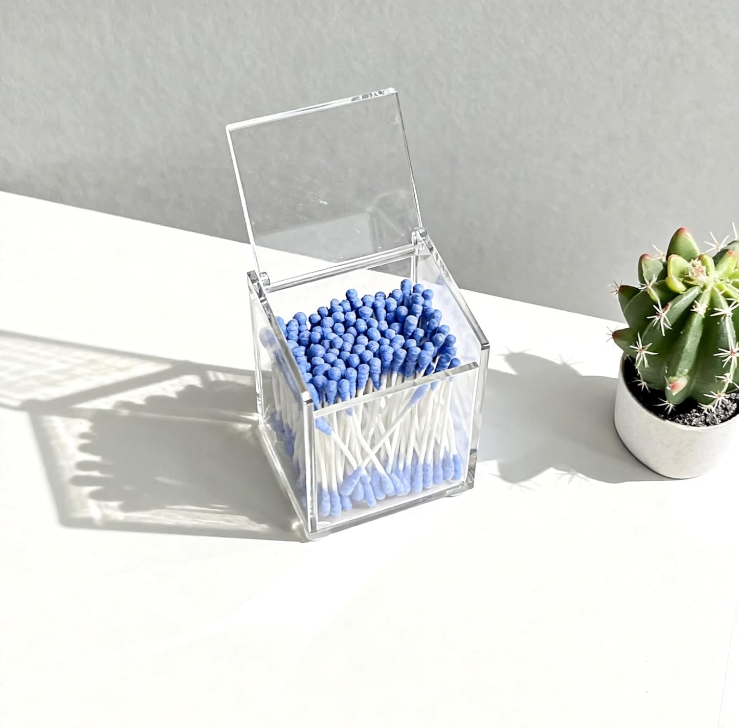 Clear Acrylic Cotton Swab Ball Holder Qtip Organizer with Lid 2-Grid Canister for Make Up Pads, Floss Picks, Vanity Storage,Bath Salts, Cosmetics, Home Bathroom Decor (DP004)