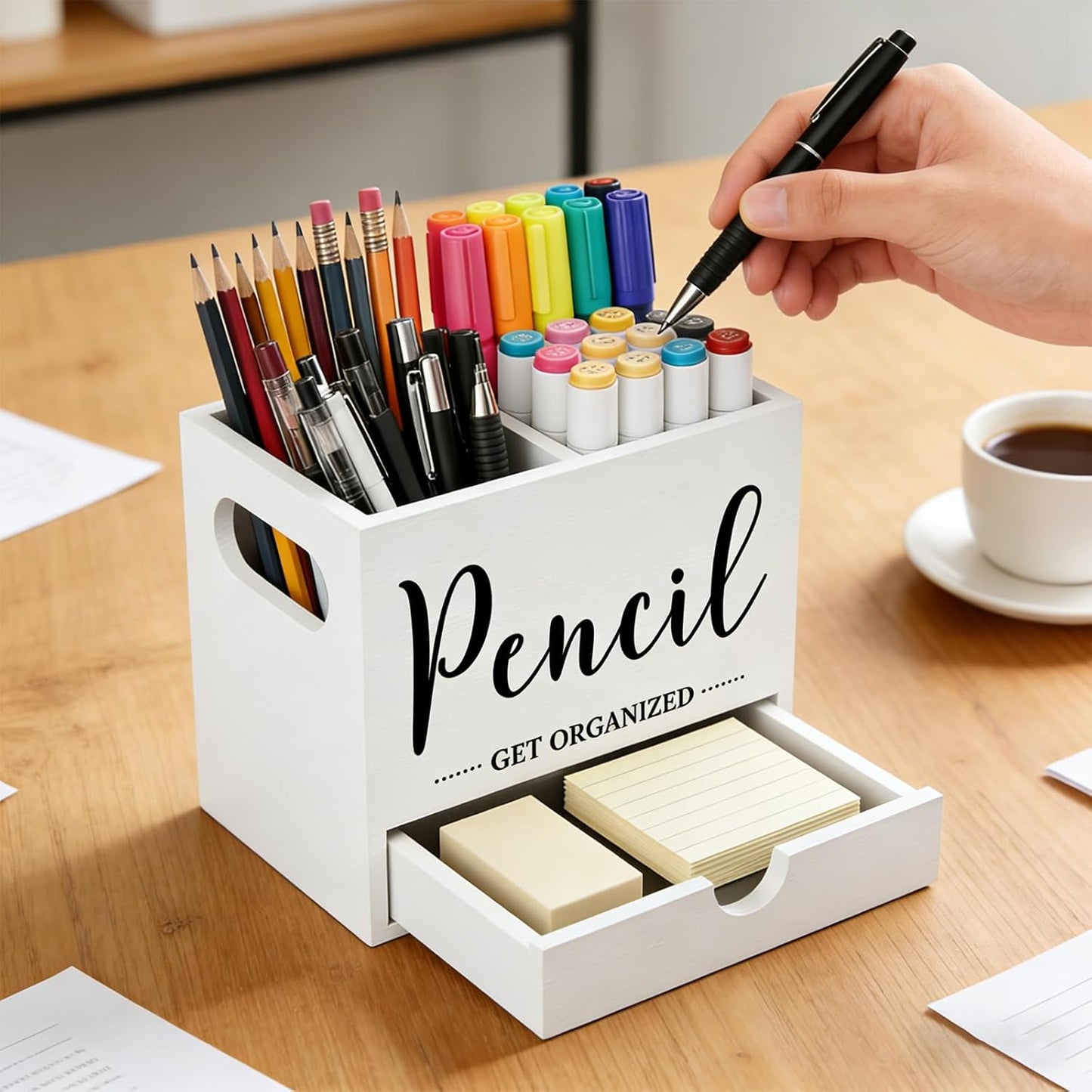Pen Holder for Desk, Wood Pencil Organizer with Drawer, Marker Holder with 2 Compartments, Pencil Cup for Home, Office, Classroom, Teacher Supplies (White)
