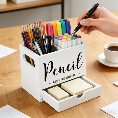 Pen Holder for Desk, Wood Pencil Organizer with Drawer, Marker Holder with 2 Compartments, Pencil Cup for Home, Office, Classroom, Teacher Supplies (White)