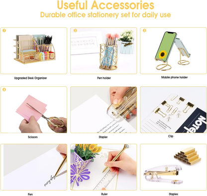 KAAKOW Gold Desk Organizers and Accessories Office Supplies Set Stapler, Pen Holder, Phone Holder, Scissors, Pen, Ruler, 30 Paper Clips, 22 Binder Clip, 20 Tacks and 1000pcs Staples (Gold)