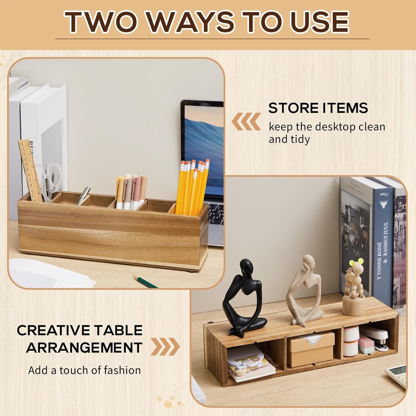 Jetec Wooden Pencil Holder 5 Compartments for Desk Adjustable Pen Holder Wood Office Desk Organizers and Accessories Makeup Brush Organizer for Pen, Home, Office and Art Supplies (White)