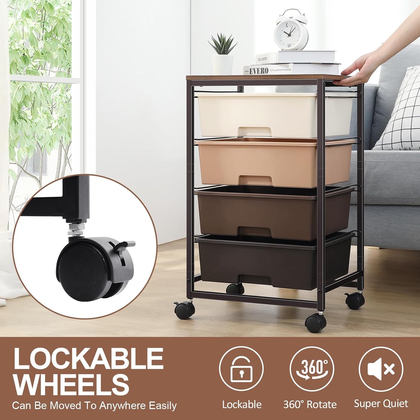 SYKIARIOL Utility Cart with 4 Drawers, Multipurpose Rolling Storage Cart with 4 Drawers and 2 Lockable Wheels, 4-Tier Rolling Storage Cart Organizer for Home Office Dorm, Bright White
