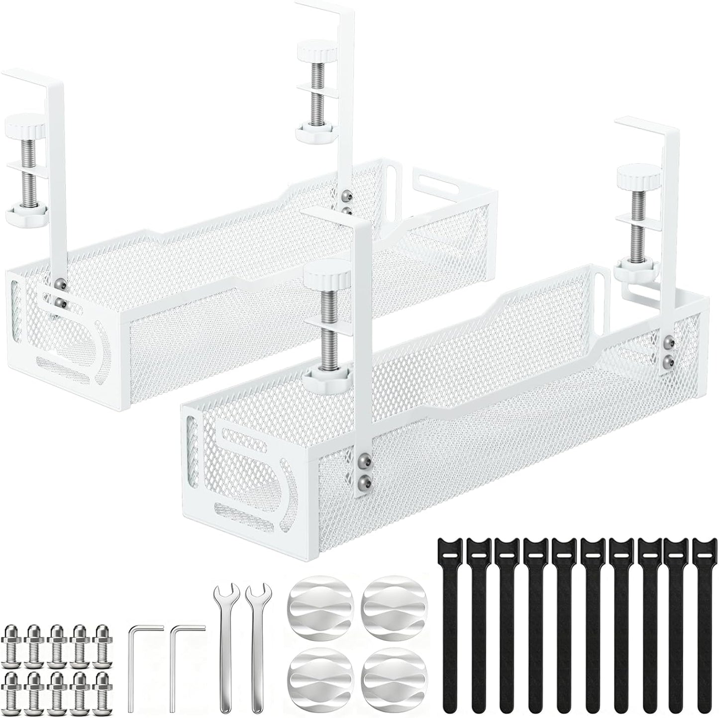 Under Desk Cable Management Tray, No Drill Mesh Desk Cable Tray, Wire Management Tray Cable Management Rack, Wire Organizer and Cable Management Box (White)