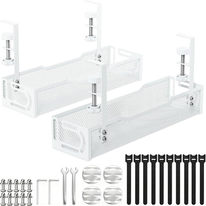 Under Desk Cable Management Tray, No Drill Mesh Desk Cable Tray, Wire Management Tray Cable Management Rack, Wire Organizer and Cable Management Box (White)