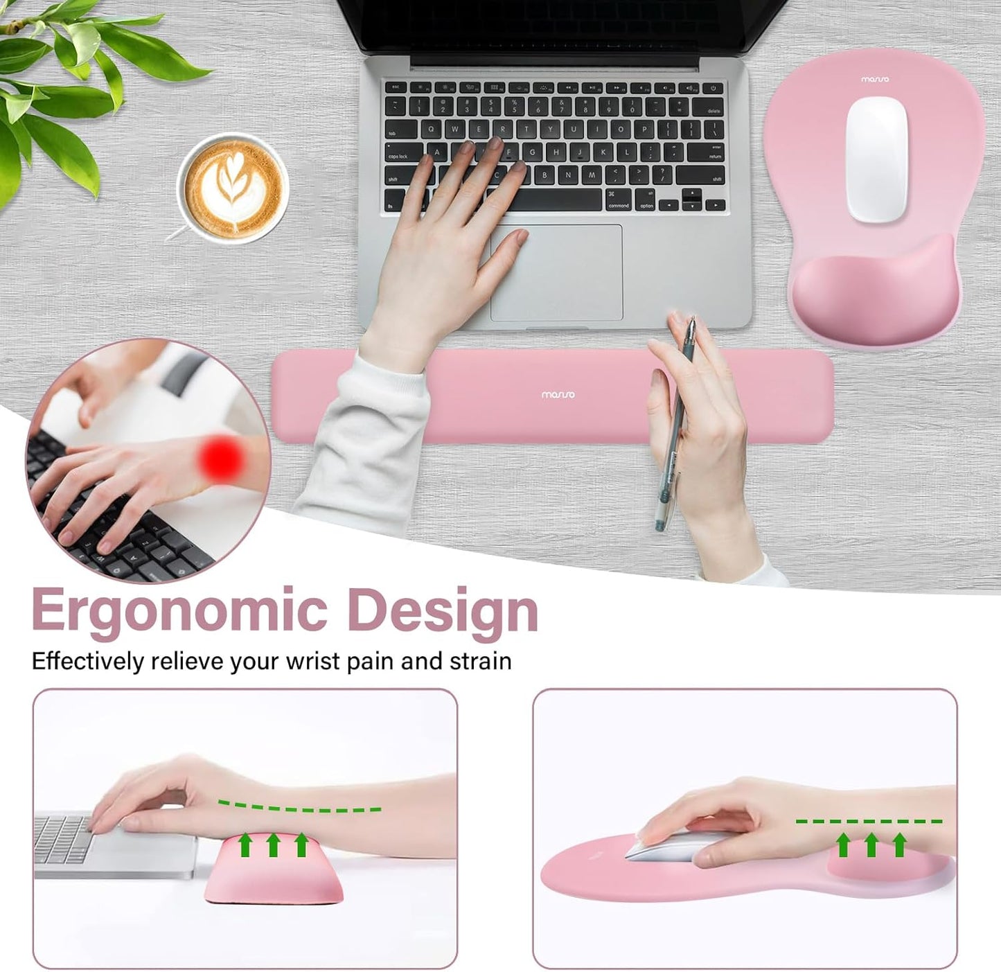 MOSISO Wrist Rest Support for Mouse Pad&Keyboard Set, Ergonomic Mousepad with Concave Curved Memory Foam, Non-Slip Base Pain Relief Comfortable Rectangular Easy Typing Pad for Home/Office, Brown