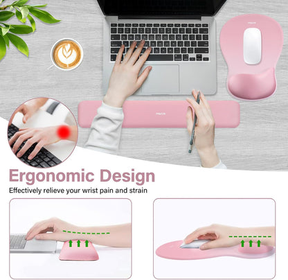 MOSISO Wrist Rest Support for Mouse Pad&Keyboard Set, Ergonomic Mousepad with Concave Curved Memory Foam, Non-Slip Base Pain Relief Comfortable Rectangular Easy Typing Pad for Home/Office, Brown