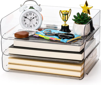 Okllen 3 Pack Stackable Paper Trays, Clear PET Desk Letter Tray Set, 3 Tier File Document Organizer Tray for A4 Paper, Magazine, Receipts, Office Supplies