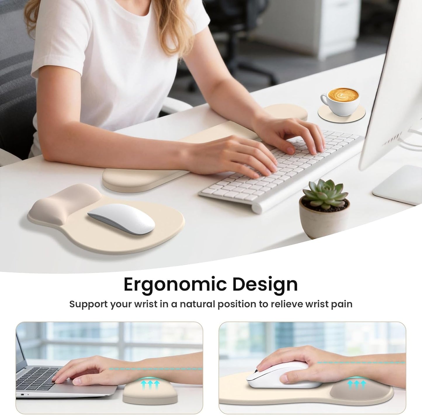 AKIT Ergonomic Mouse Pad and Keyboard Wrist Rest Set, Gel Memory Foam Wrist Rest with Non-Slip Base, 3-in-1 Mousepad Set for Pain Relief, Desk Accessories for Gaming, Home, Office(Black)