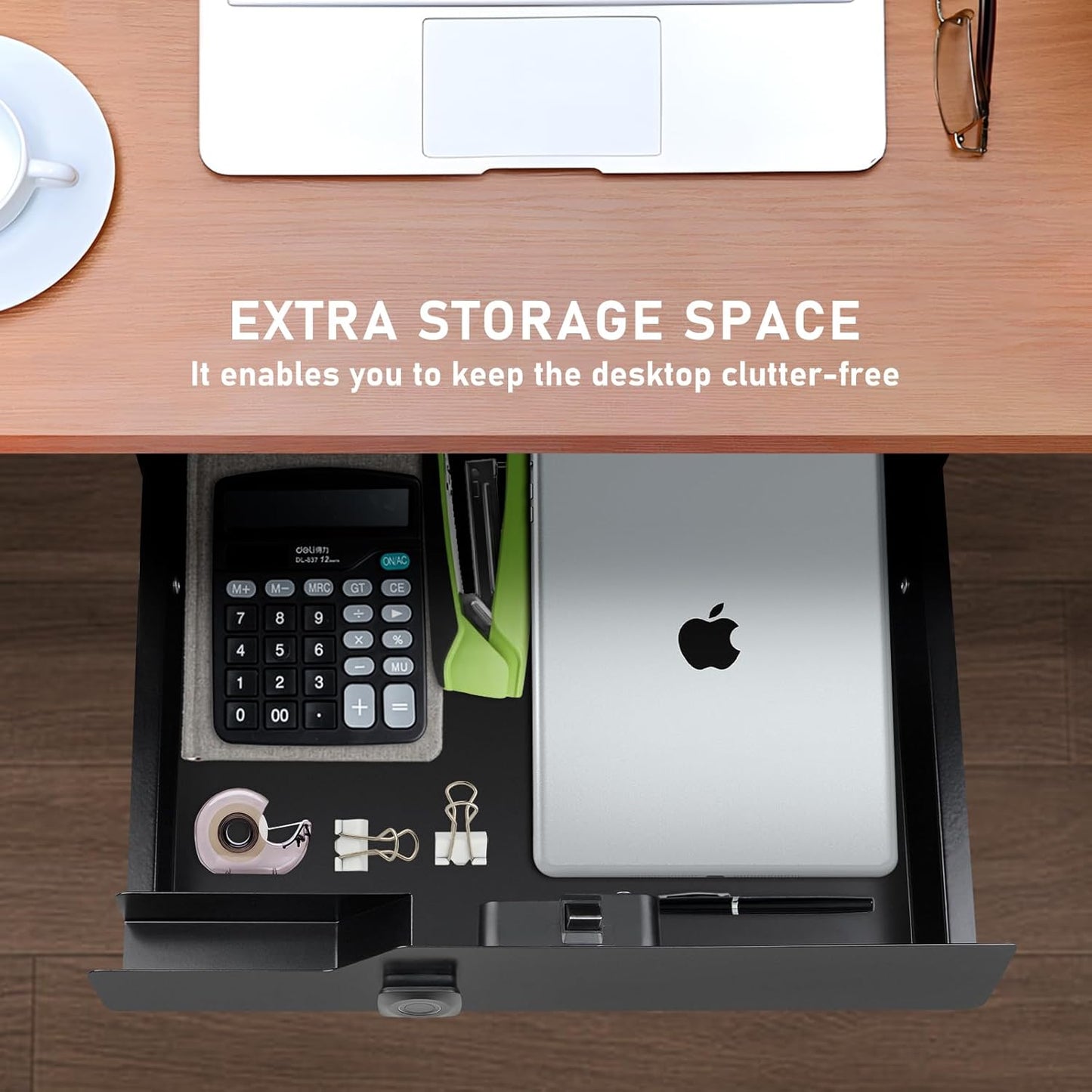Under Desk Drawer Storage with Lock, Metal Undermount Table Drawer, Ball Bearing Slides Out Tray Organizer for Paper, Pencil, and Laptop 16"x11.8"x3.6", White