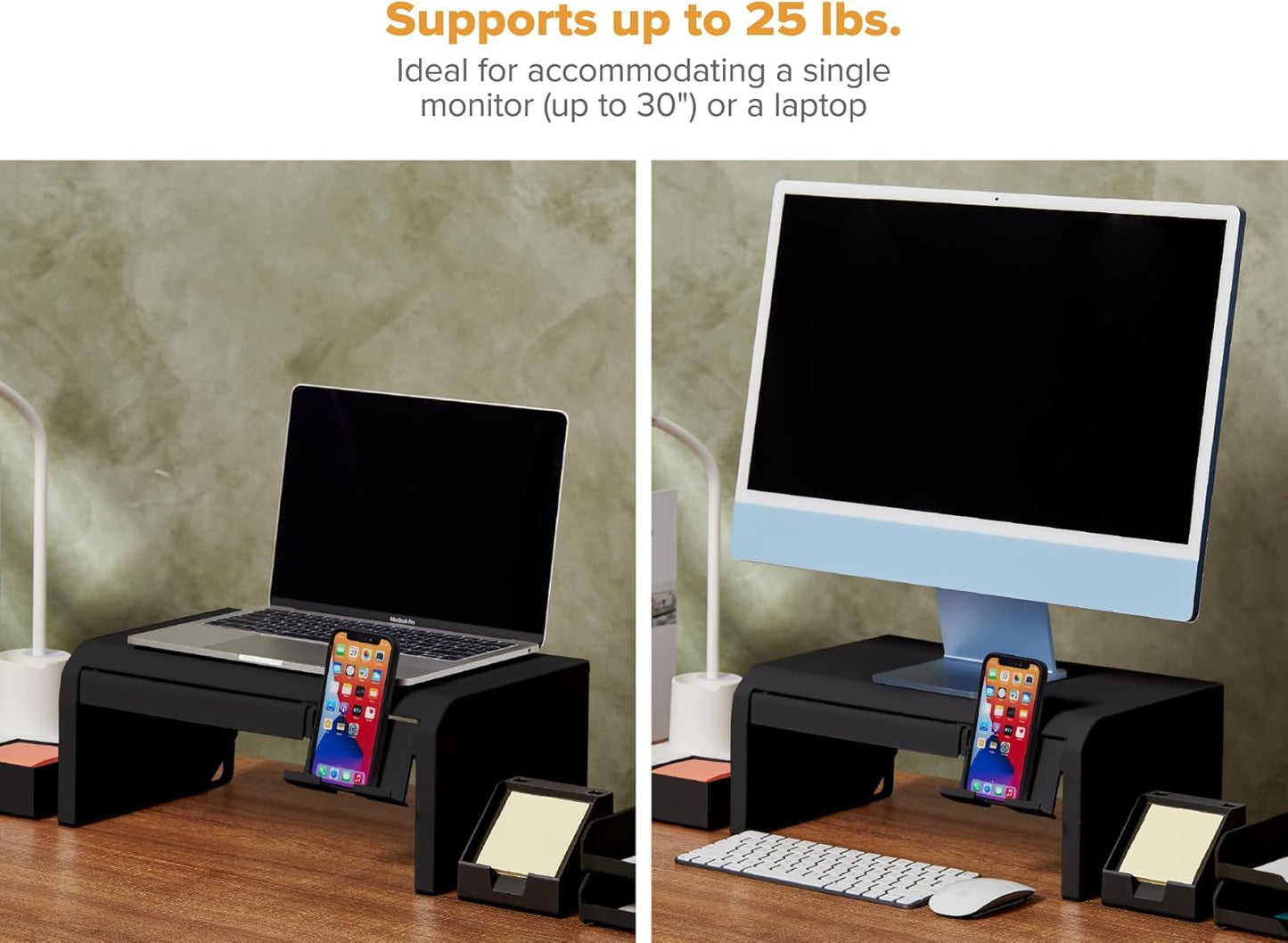 Bostitch Office Konnect Adjustable Monitor Stand Riser, 4 Height Adjustments, Built-In Cable Management, Rubber Feet - Black