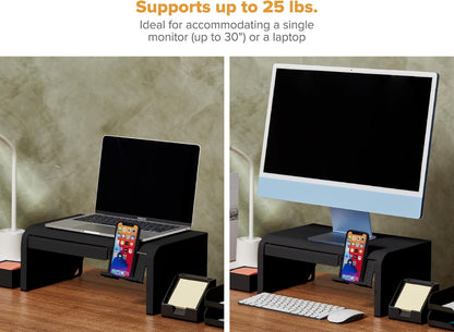 Bostitch Office Konnect Adjustable Monitor Stand Riser, 4 Height Adjustments, Built-In Cable Management, Rubber Feet - Black