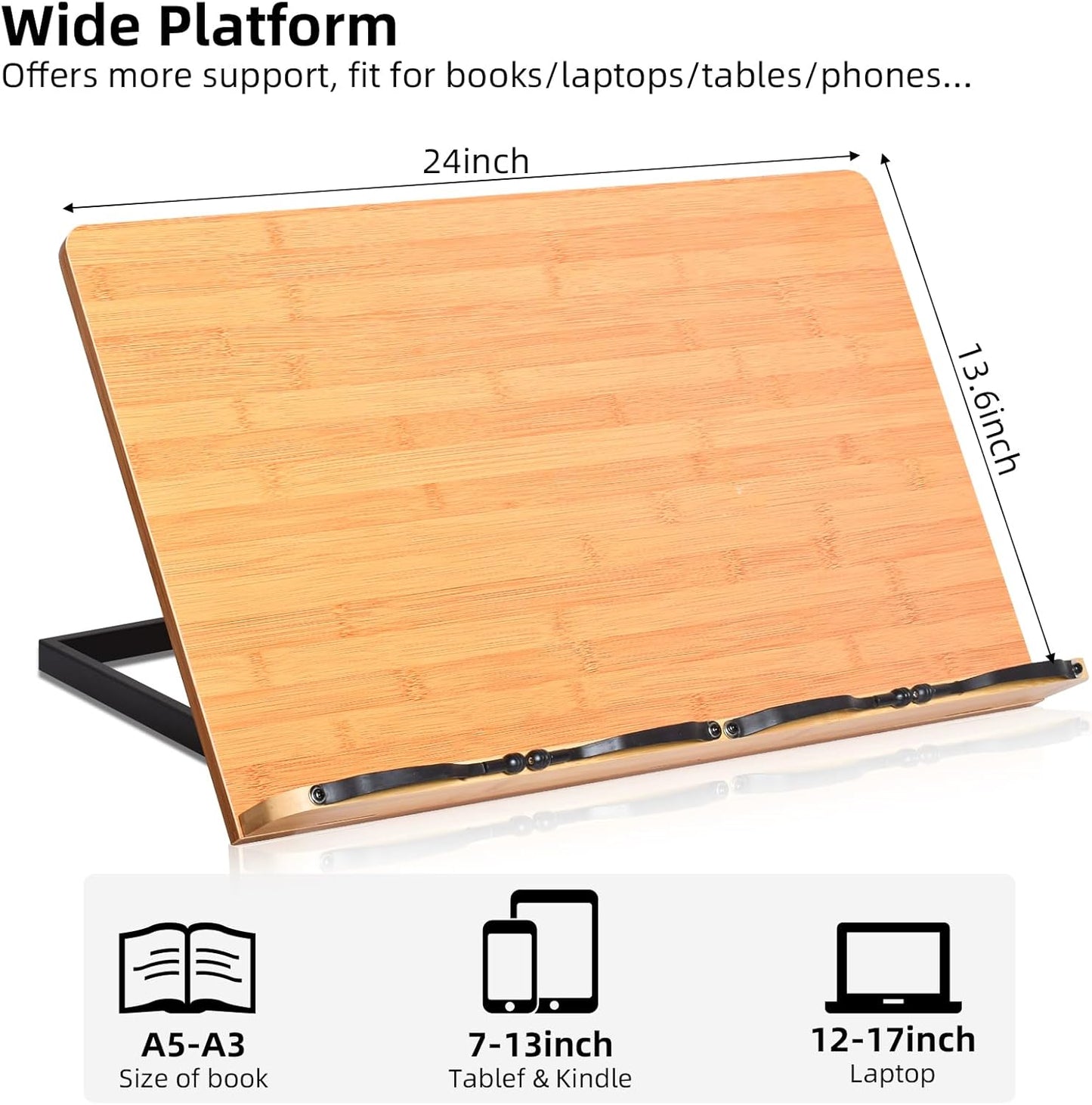 wishacc Bamboo Book Stand, Adjustable Book Holder Tray and Page Paper Clips-Cookbook Reading Desk Portable Stable Hard-Wearing Lightweight Bookstand-Textbooks Books