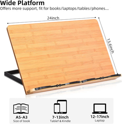 wishacc Bamboo Book Stand, Adjustable Book Holder Tray and Page Paper Clips-Cookbook Reading Desk Portable Stable Hard-Wearing Lightweight Bookstand-Textbooks Books