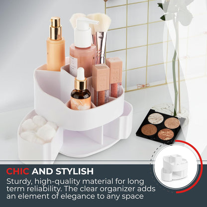 Masirs Small 360 Rotating Makeup Organizer - Mini Yet Spacious Cosmetic Storage Solution with Multiple Compartments - The Perfect Spinning Make-Up Caddy for Vanity or Bathroom Counter (Round - Clear)