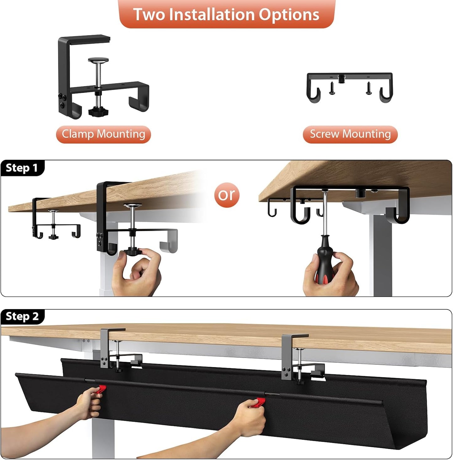 Univivi No Drill Under Desk Cable Management Tray, 36" Cord Organizer for Table, Clamp/Screw Mount Desk Cable Management, Premium Fabric Cable Management Tray for Office, Home