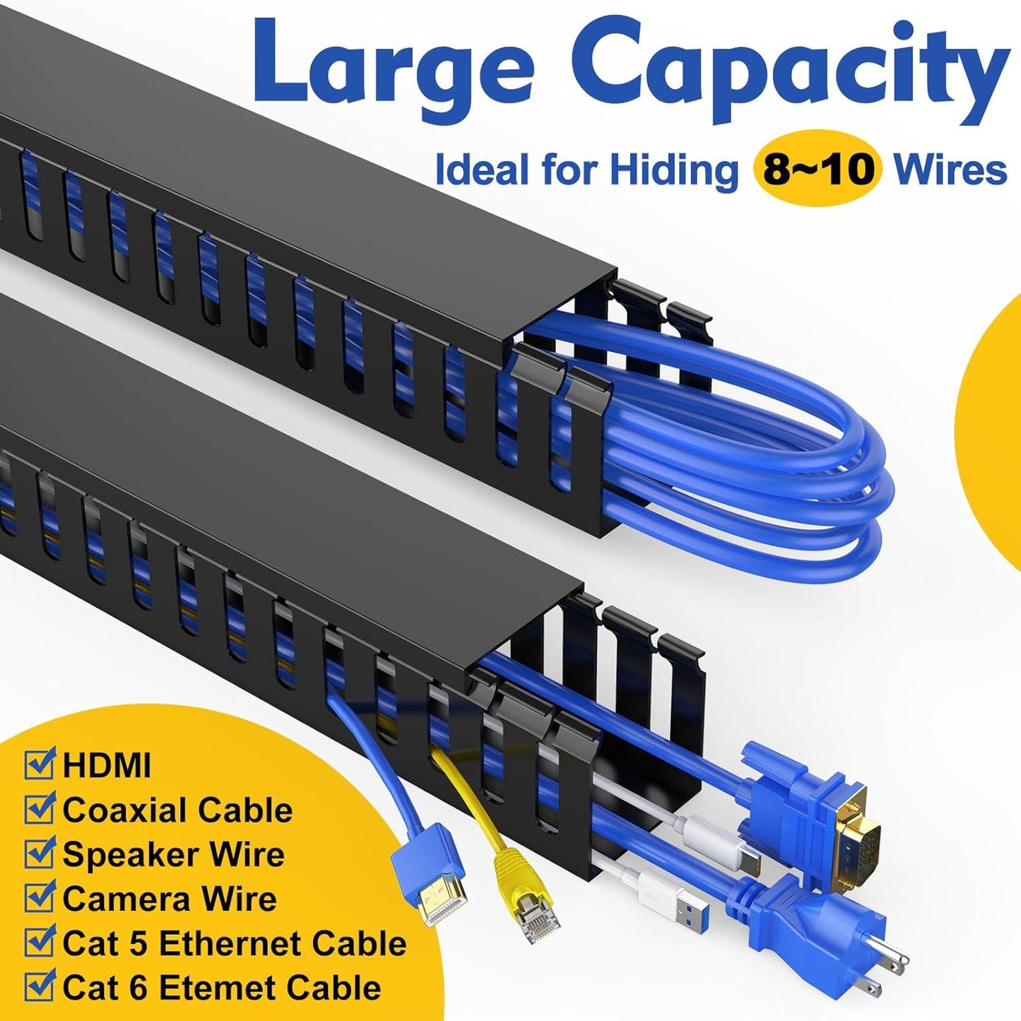 Open Slot Wiring Raceway Cable Duct, 123in Cable Management Channel Cord Track,Desk Wire Channel, Under Desk Cable Management to Hide Cables, Wires for Computers (Black, 1.57" Hx1.57"W, 15.4''L(8 Pc))