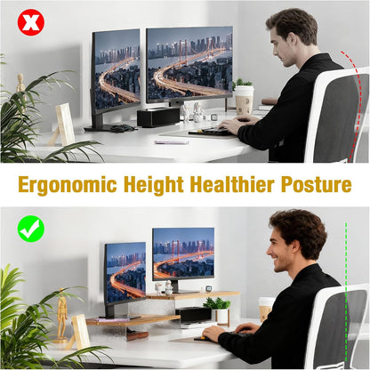 YGYQZ Adjustable Monitor Stand Riser with Acrylic Legs丨7.67" Wide Dual Monitor Stand for Desk丨2-Tier Wood Desktop Organizer for Computer, Laptop, Printer & PC丨Modern Aesthetic Desk Shelf(wood-flat)