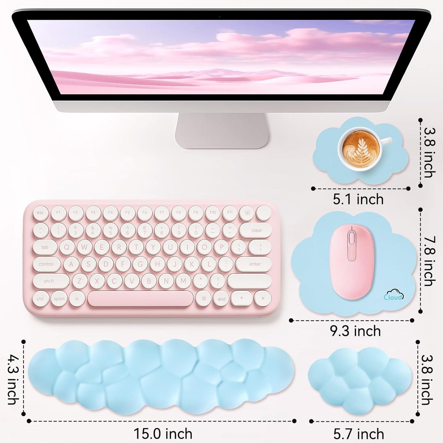 Sushret Cloud Wrist Rest for Computer Keyboard, 4-in-1 Memory Foam Leather Cloud Keyboard Wrist Rest and Mouse Pad Set with Ergonomic Support for Arm and Palm Cushion, Gaming/Work Setup, Rainbow