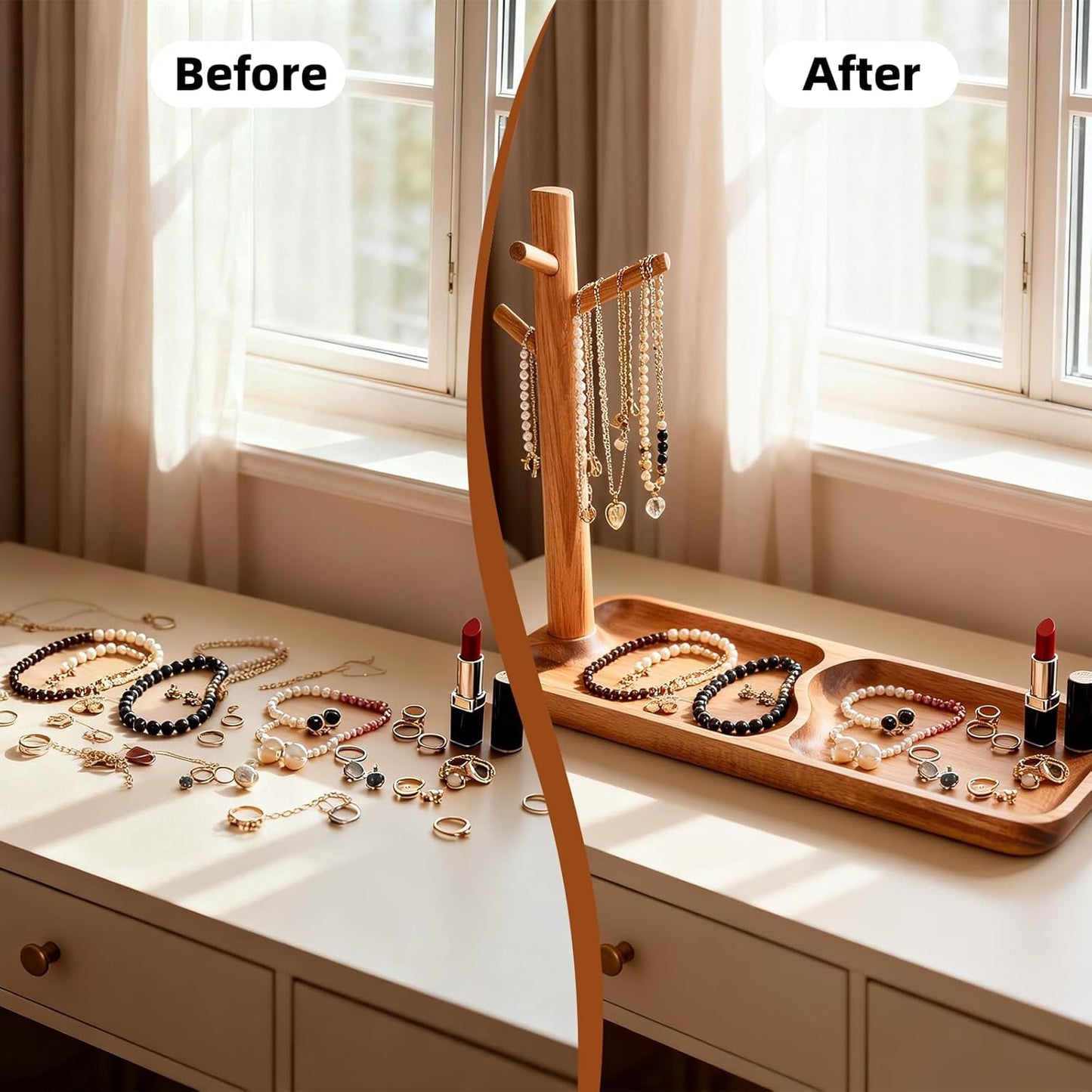 Acacia Wood Key Tray for Entryway Table, Wooden Catchall Organizer with Jewelry Storage Rack, Valet Tray for Keys Wallet Watches Sunglasses Rings(Rectangle)