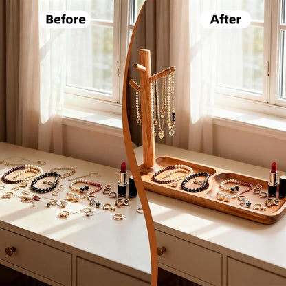 Acacia Wood Key Tray for Entryway Table, Wooden Catchall Organizer with Jewelry Storage Rack, Valet Tray for Keys Wallet Watches Sunglasses Rings(Rectangle)