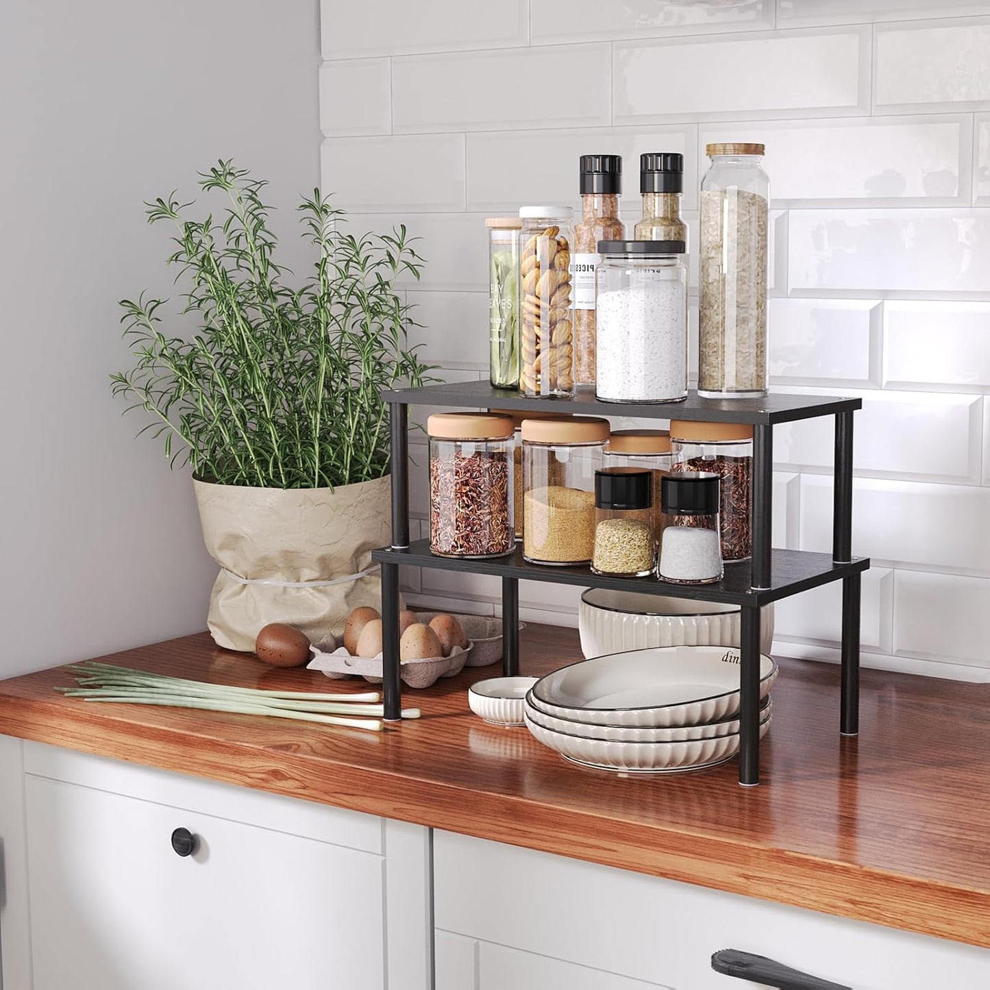 VERTORGAN Cabinet Organizer Shelf(Set of 2),Kitchen Counter Shelves,Bamboo Stackable Expandable Spice Rack Countertop(Medium)