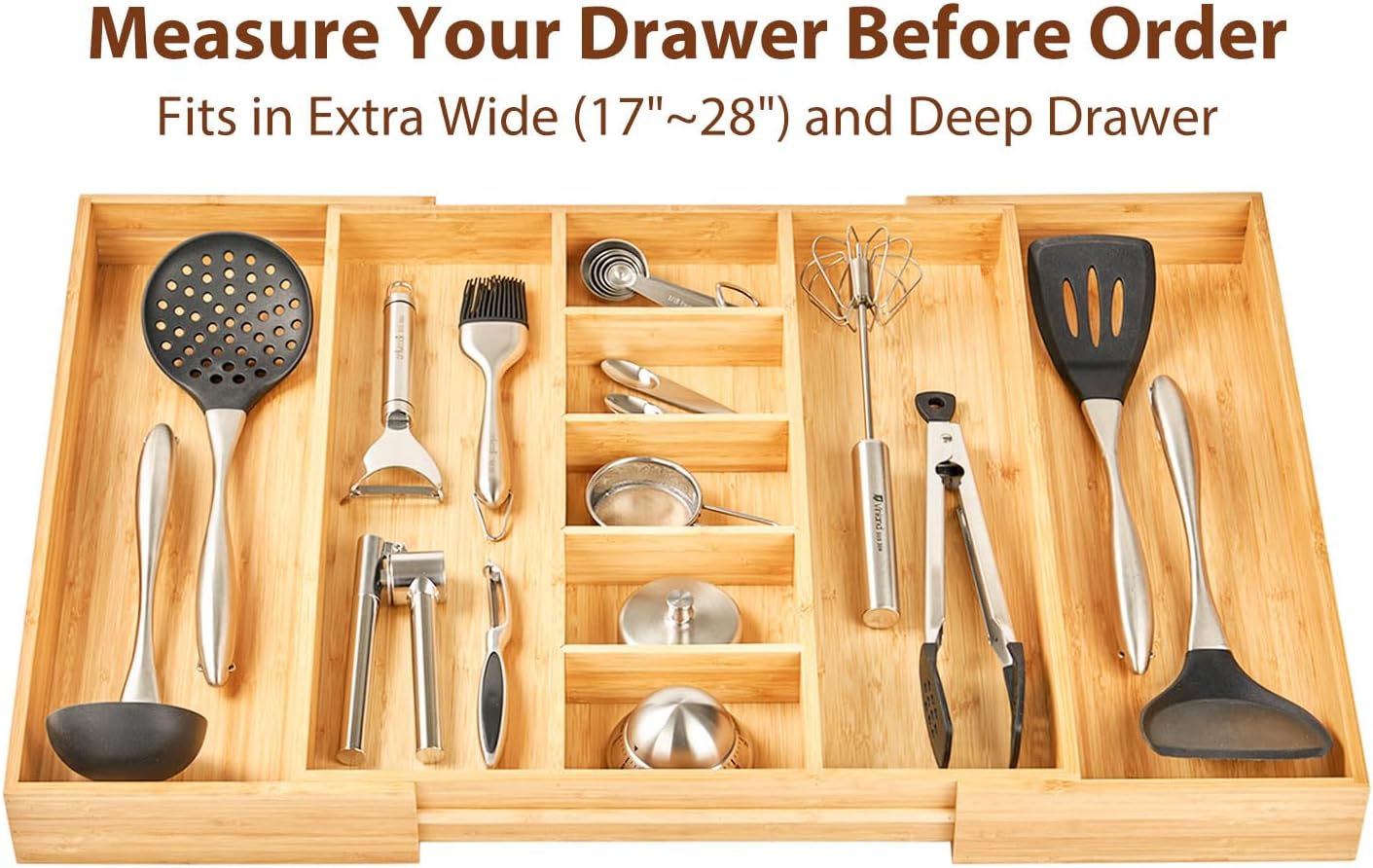 Umilife Expandable Kitchen Drawer Organizer, 2.5" High Bamboo Utensils Silverware Tray, Adjustable Large Deep Wood Organization Holder