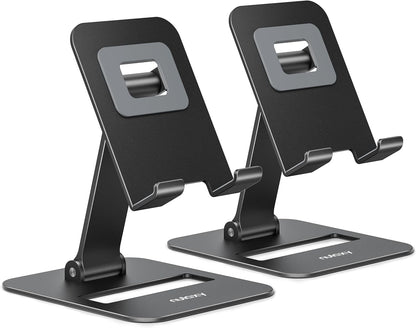 Nulaxy 2 Pack Dual Folding Cell Phone Stand, Fully Adjustable Phone Holder for Desk, Compatible with iPhone 17 16 15 14 13 12 11, Nintendo Switch, All Phones, Black & Rose Gold