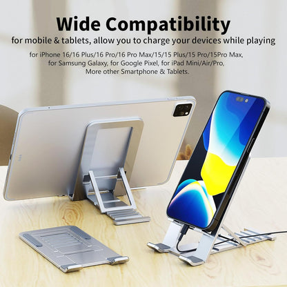 Cell Phone Stand for iPhone 17 Pro Max 17e 16e 16 15 14 13 for Samsung S26 Ultra S25 S23 A17 A16 Pixel 10a Aluminum Adjustable Cradle Holder Tablet Kickstand for iPad mini Air Desk Home Office,Silver